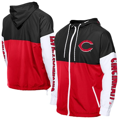 Coupe-vent à capuche entièrement zippé et color block New Era pour homme, rouge/noir, des Cincinnati Reds