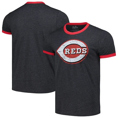 T-shirt à trois mélanges Majestic Threads pour hommes, noir, Cincinnati Reds Ringer