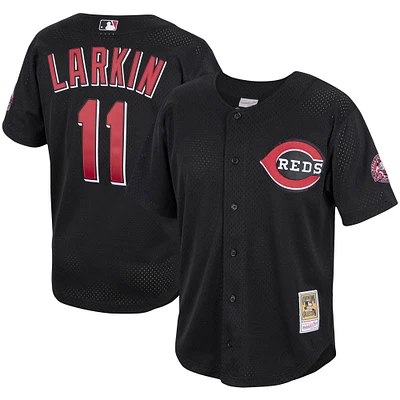 Maillot pour homme Mitchell & Ness Barry Larkin Black Cincinnati Reds Cooperstown Collection Mesh Batting Practice Button-Up