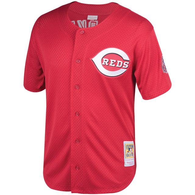 Maillot d'entraînement au bâton en maille Mitchell & Ness Barry Larkin rouge Cincinnati Throwback Reds Cooperstown pour hommes