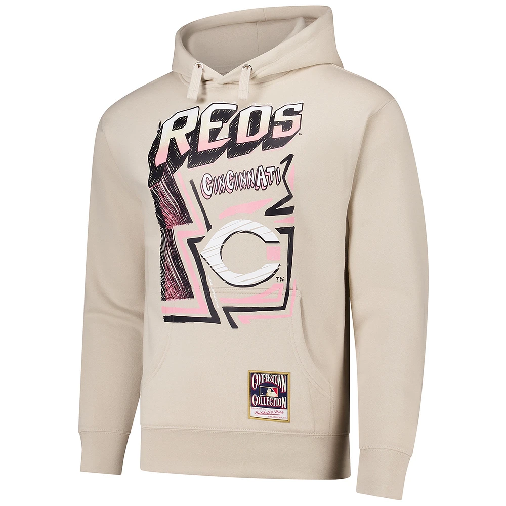 Men's Mitchell & Ness Cream Cincinnati Reds Sidewalk Sketch Pullover Hoodie