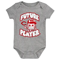 Newborn & Infant Heather Gray/Red/White Cincinnati Reds Minor League Player Three-Pack Bodysuit Set