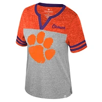 Women's Colosseum Heather Gray Clemson Tigers Kate Colorblock Notch Neck T-Shirt
