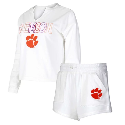 Ensemble t-shirt et short Concepts Sport Clemson Tigers Sunray à manches longues col cranté pour femme, blanc