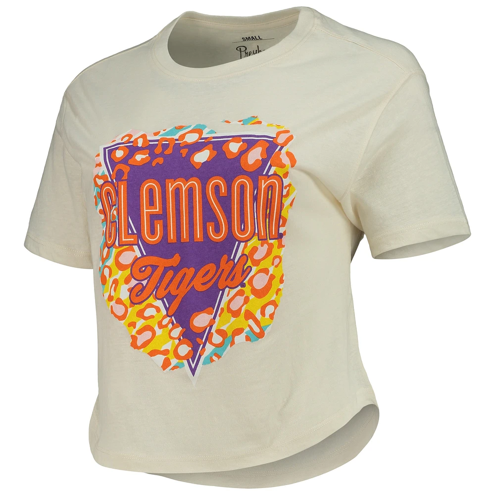 Women's Pressbox Cream Clemson Tigers Taylor Animal Print Cropped T-Shirt