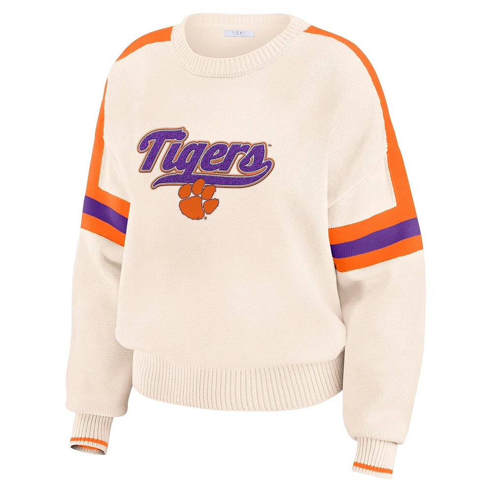 Women's WEAR by Erin Andrews  Cream Clemson Tigers Chenille Woven Patch Stripe Pullover Sweater