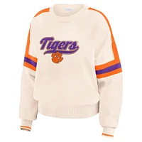 Women's WEAR by Erin Andrews  Cream Clemson Tigers Chenille Woven Patch Stripe Pullover Sweater