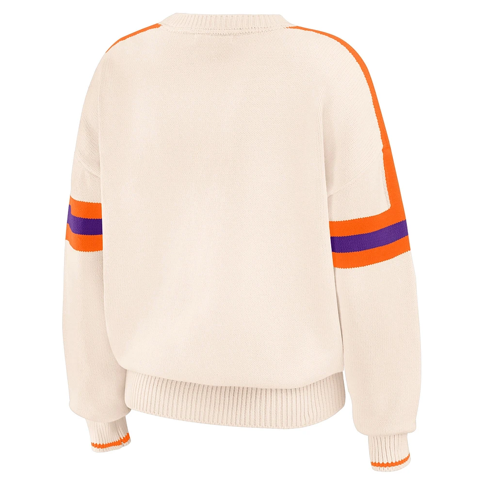 Women's WEAR by Erin Andrews  Cream Clemson Tigers Chenille Woven Patch Stripe Pullover Sweater