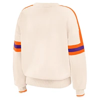 Women's WEAR by Erin Andrews  Cream Clemson Tigers Chenille Woven Patch Stripe Pullover Sweater