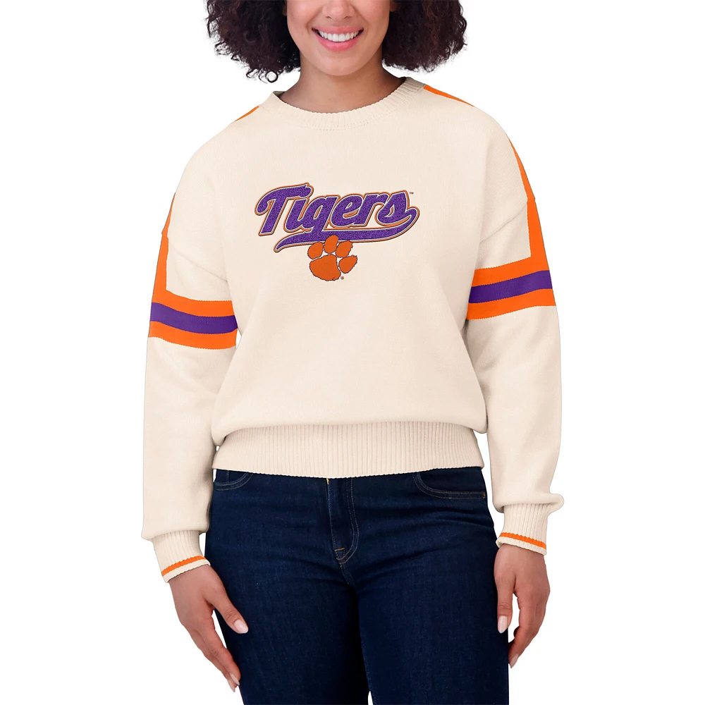 Women's WEAR by Erin Andrews  Cream Clemson Tigers Chenille Woven Patch Stripe Pullover Sweater