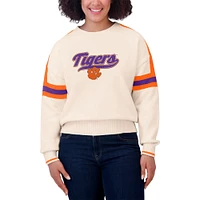 Women's WEAR by Erin Andrews  Cream Clemson Tigers Chenille Woven Patch Stripe Pullover Sweater