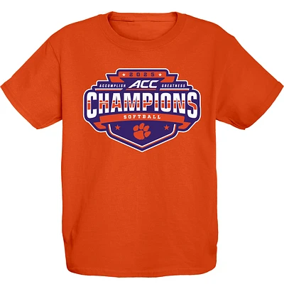 T-shirt de vestiaire pour jeunes, bleu 84 orange, champions du tournoi softball la conférence ACC 2025 des Tigers Clemson
