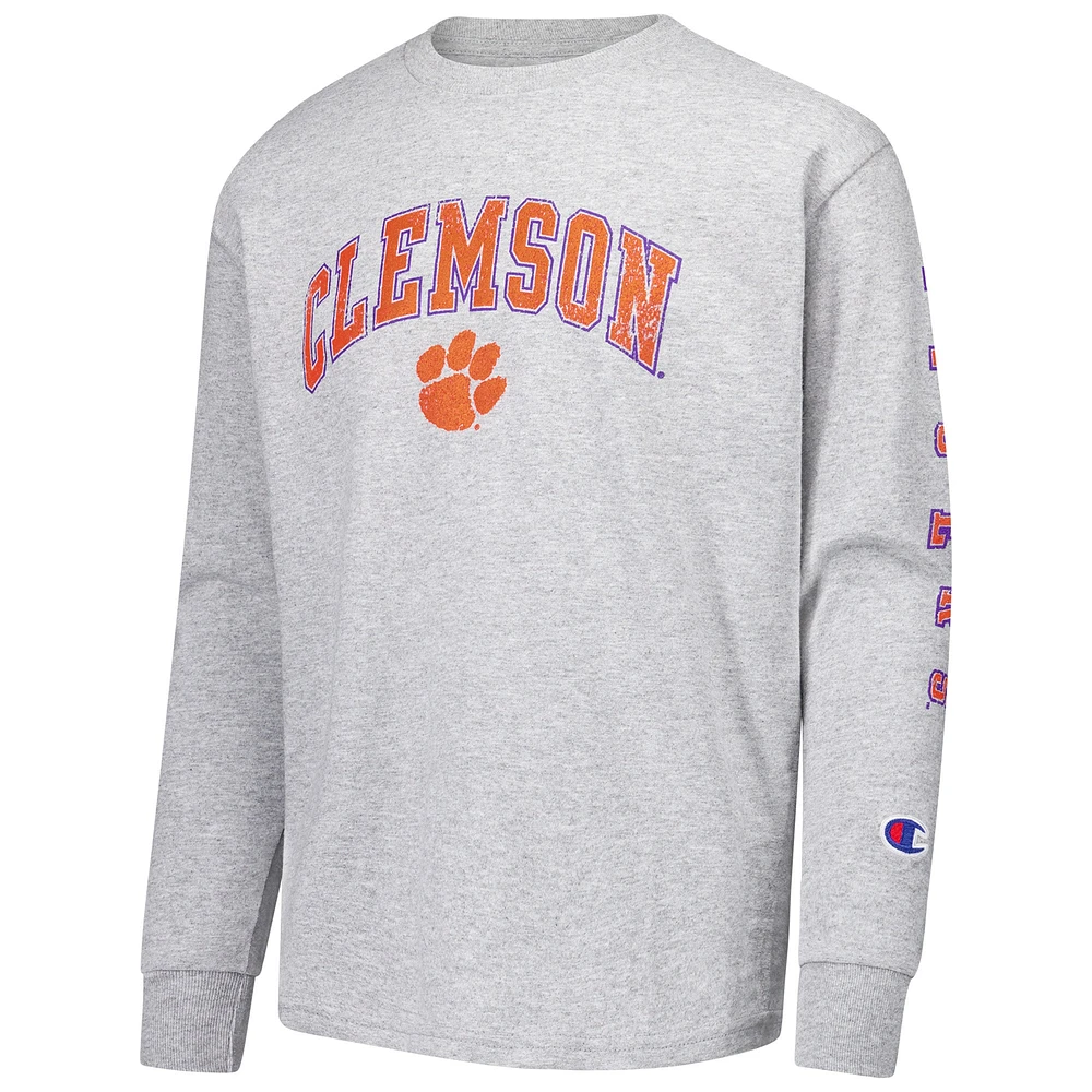 Youth Champion Gray Clemson Tigers Distressed Arch Over Logo Long Sleeve T-Shirt