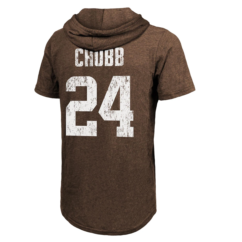 Men's Majestic Threads Nick Chubb Brown Cleveland Browns Player Name & Number Tri-Blend Slim Fit Hoodie T-Shirt