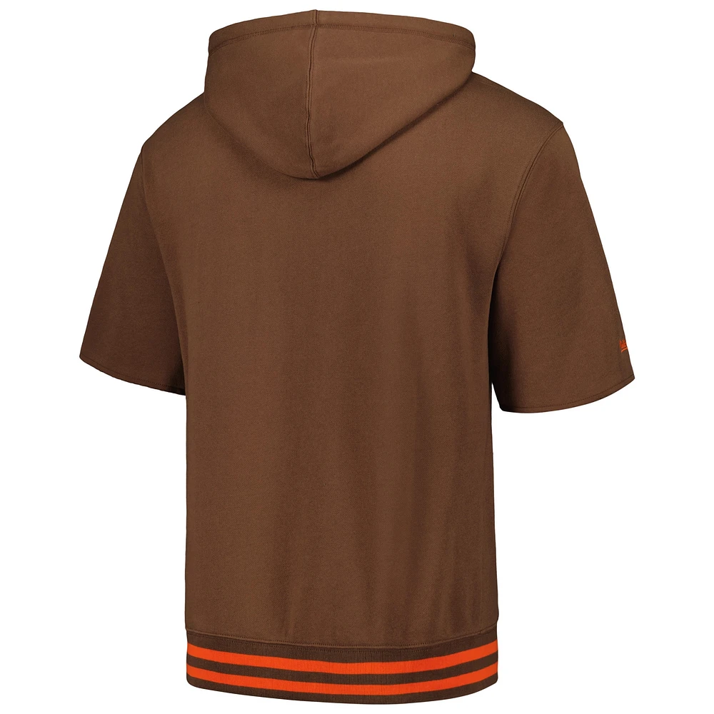 Men's Mitchell & Ness Brown Cleveland Browns Pre-Game Short Sleeve Pullover Hoodie