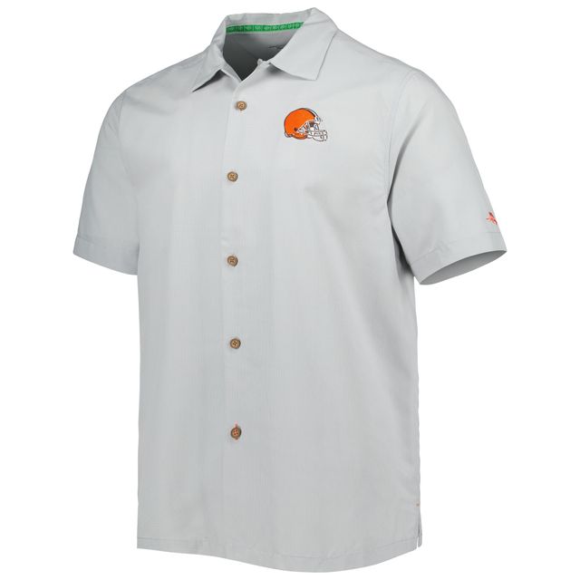 Chemise boutonnée pour homme Tommy Bahama Grey Cleveland Browns Coconut Point Frondly Fan Camp IslandZone