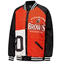 Women's Gameday Couture  Black/Orange Cleveland Browns Oversized Hot Shot Rhinestone Throwback Full-Snap Varsity Bomber Jacket