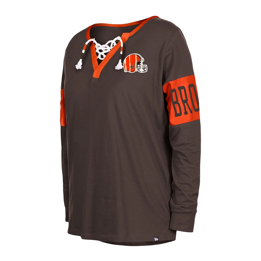 Women's New Era Brown Cleveland Browns Lace-Up Notch Neck Long Sleeve T-Shirt