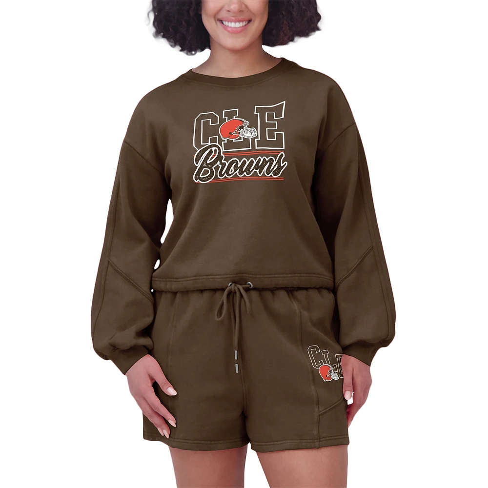 Women's WEAR by Erin Andrews Brown Cleveland Browns Washed Fleece Long Sleeve T-Shirt & Shorts Lounge Set