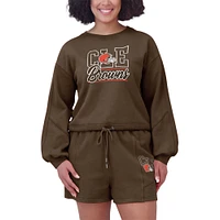 Women's WEAR by Erin Andrews Brown Cleveland Browns Washed Fleece Long Sleeve T-Shirt & Shorts Lounge Set