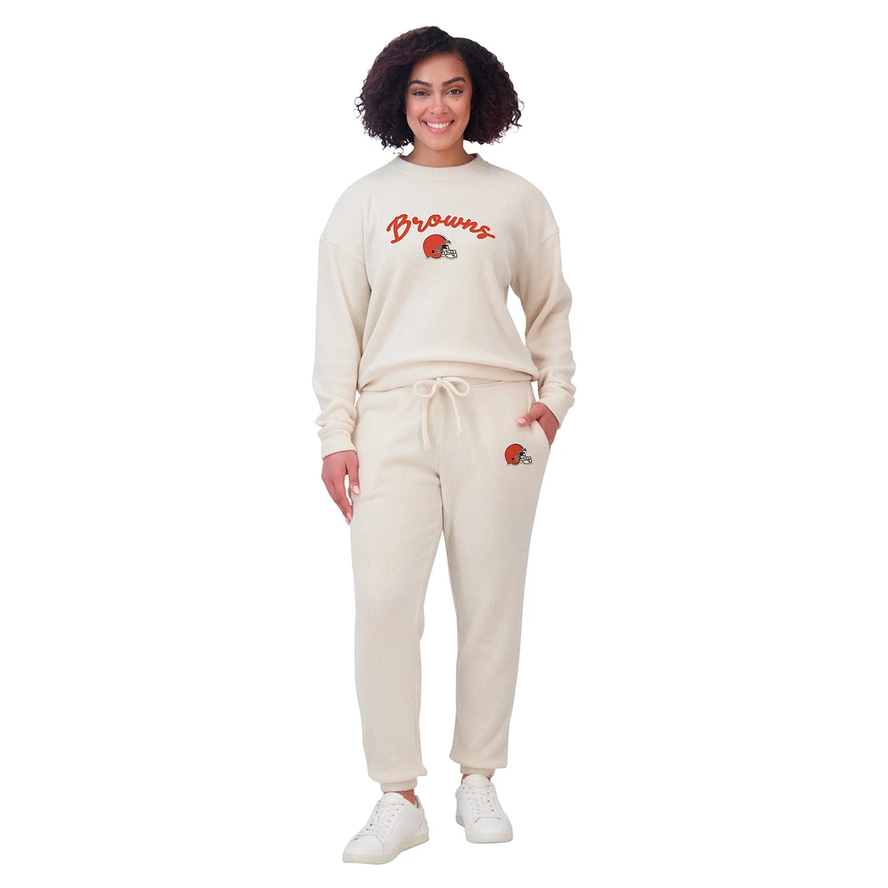 Women's WEAR by Erin Andrews  Cream Cleveland Browns Knitted Tri-Blend Long Sleeve T-Shirt & Pants Lounge Set