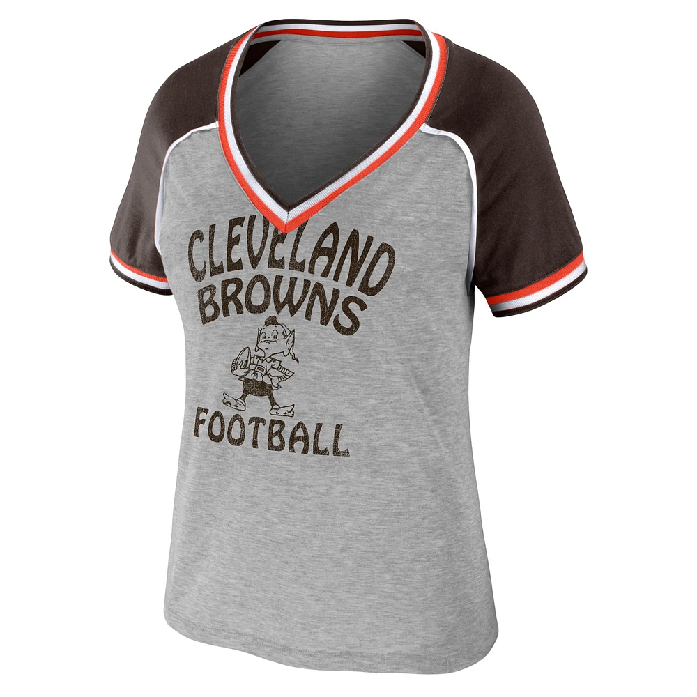 Women's WEAR by Erin Andrews Heather Gray Cleveland Browns Cropped Raglan Throwback V-Neck T-Shirt