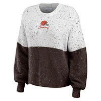 Women's WEAR by Erin Andrews  White/Brown Cleveland Browns Lighweight Modest Crop Color-Block Pullover Sweater