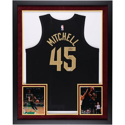 Maillot Swingman Jordan Brand Statement noir encadré et autographié par Donovan Mitchell des Cleveland Cavaliers avec inscription « Spida »