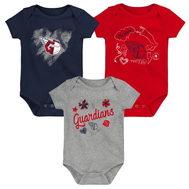 Lot de 3 bodys Batter Up pour nouveau-nés et bébés bleu marine/rouge/gris chiné Cleveland Guardians