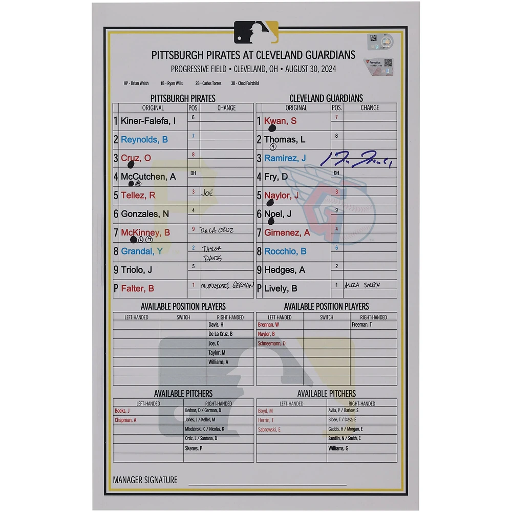 Jose Ramirez Cleveland Guardians Autographed Game-Used Lineup Card vs. Pittsburgh Pirates on August 30, 2024