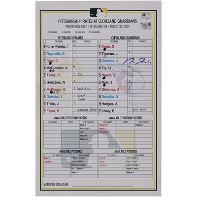 Jose Ramirez Cleveland Guardians Autographed Game-Used Lineup Card vs. Pittsburgh Pirates on August 30, 2024