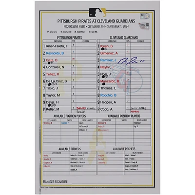 Jose Ramirez Cleveland Guardians Autographed Game-Used Lineup Card vs. Pittsburgh Pirates on September 1, 2024