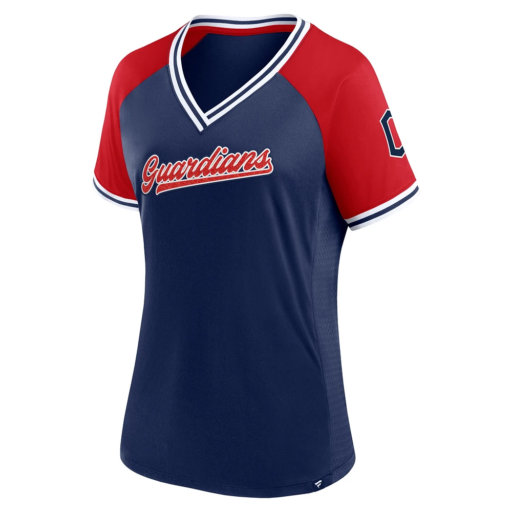 Women's Fanatics Navy Cleveland Guardians Glitz & Glam League Diva Raglan V-Neck T-Shirt