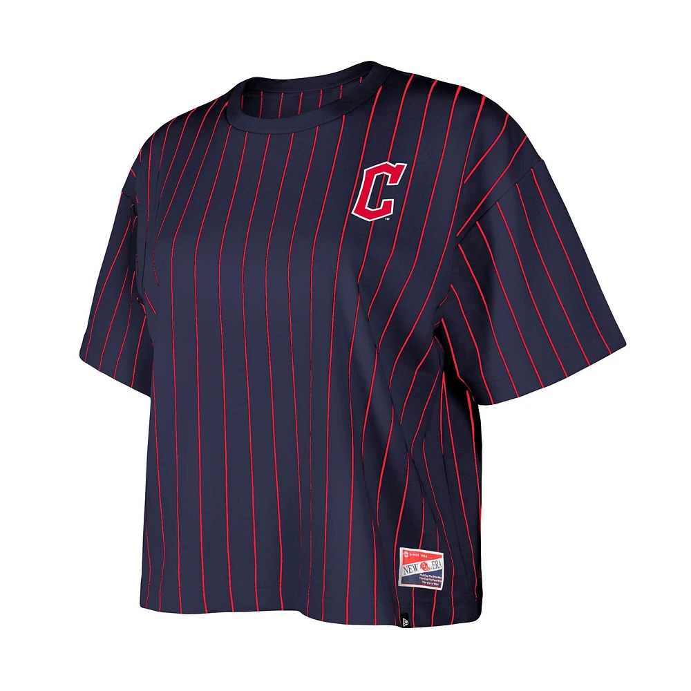 Women's New Era Navy Cleveland Guardians Boxy Pinstripe T-Shirt