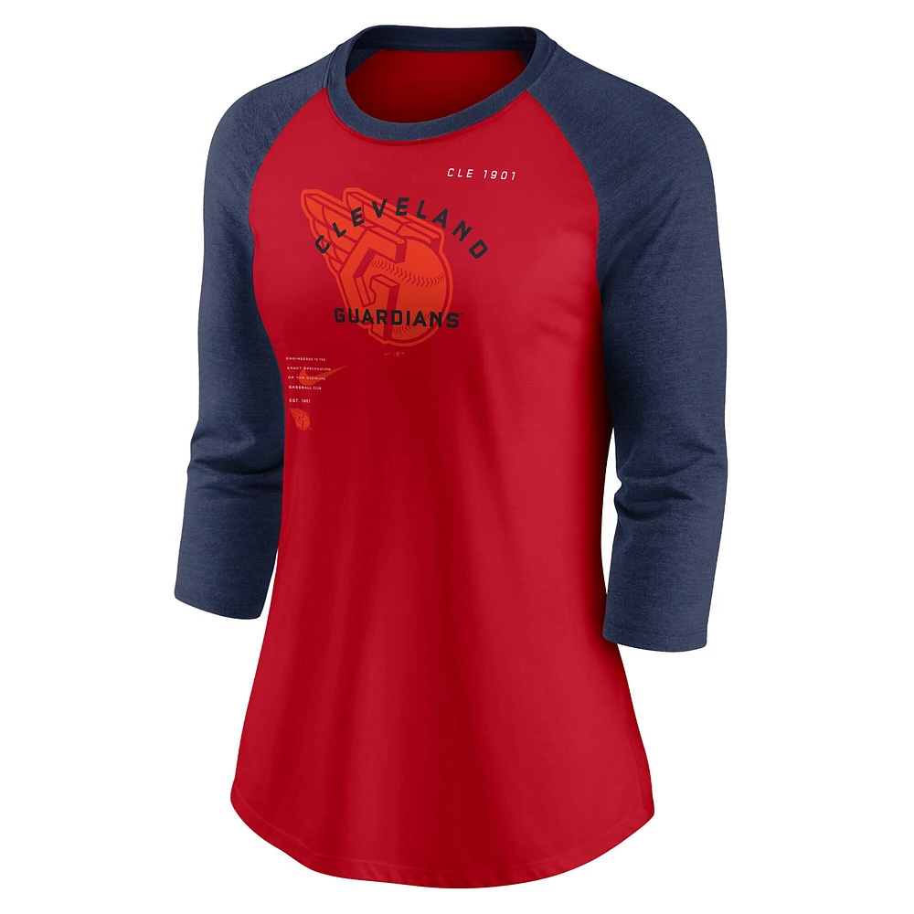 T-shirt Nike Cleveland Guardians Next Up Tri-Blend Raglan à manches 3/4 pour femme Rouge/bleu marine