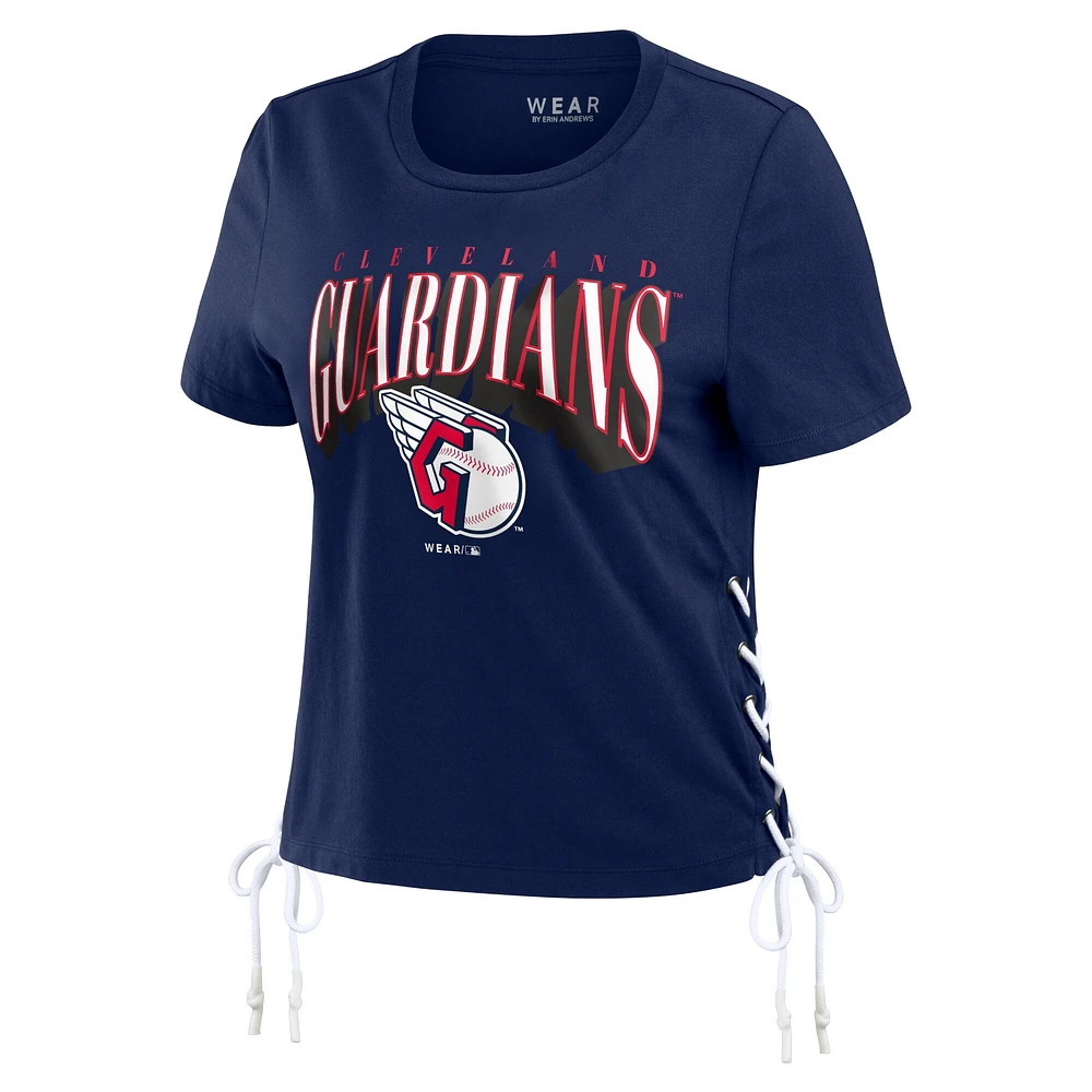 Women's WEAR by Erin Andrews Navy Cleveland Guardians Side Lace-Up Cropped T-Shirt