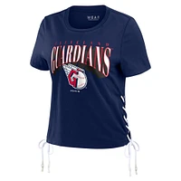 Women's WEAR by Erin Andrews Navy Cleveland Guardians Side Lace-Up Cropped T-Shirt