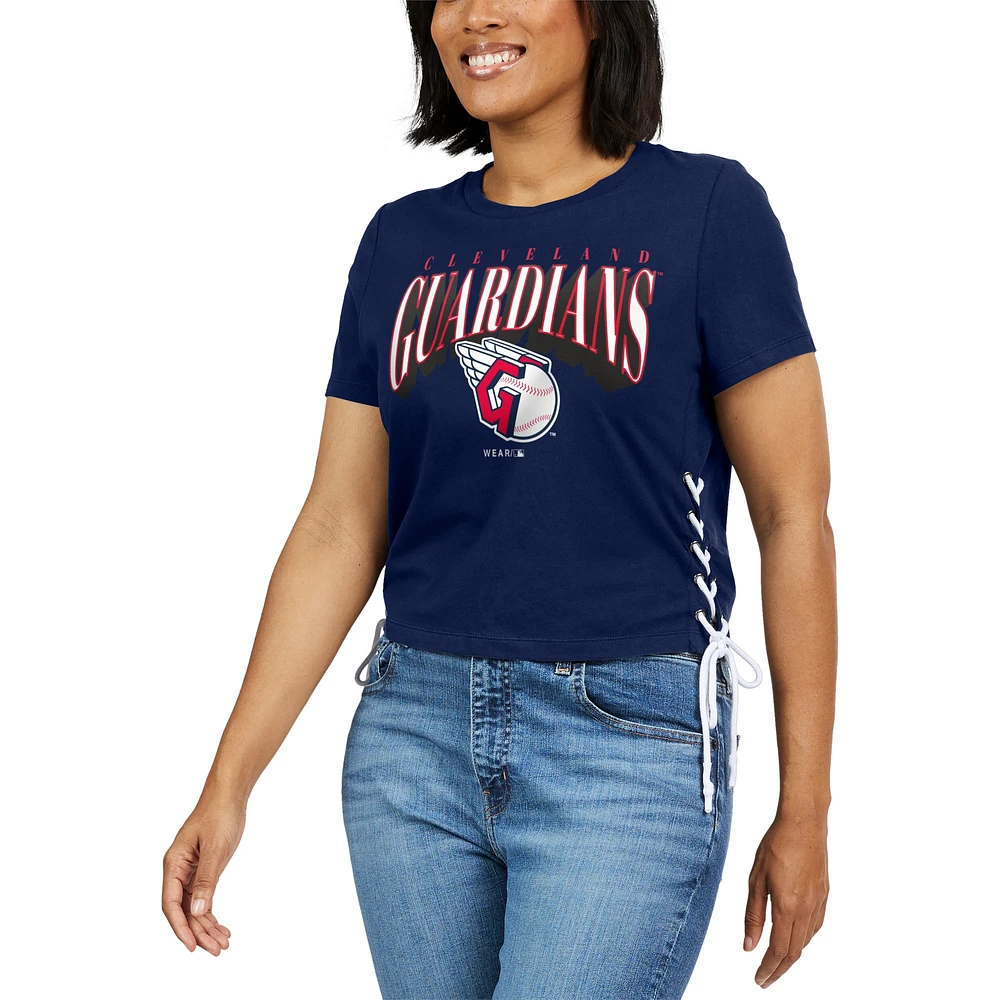 Women's WEAR by Erin Andrews Navy Cleveland Guardians Side Lace-Up Cropped T-Shirt