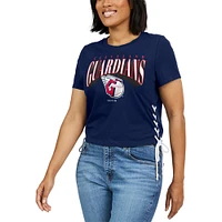 Women's WEAR by Erin Andrews Navy Cleveland Guardians Side Lace-Up Cropped T-Shirt