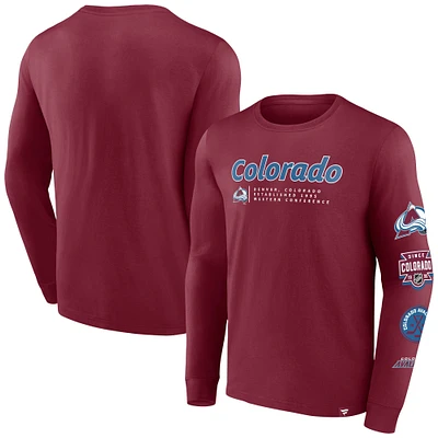 T-shirt à manches longues Fanatics pour hommes bordeaux Colorado Avalanche Strike the Goal