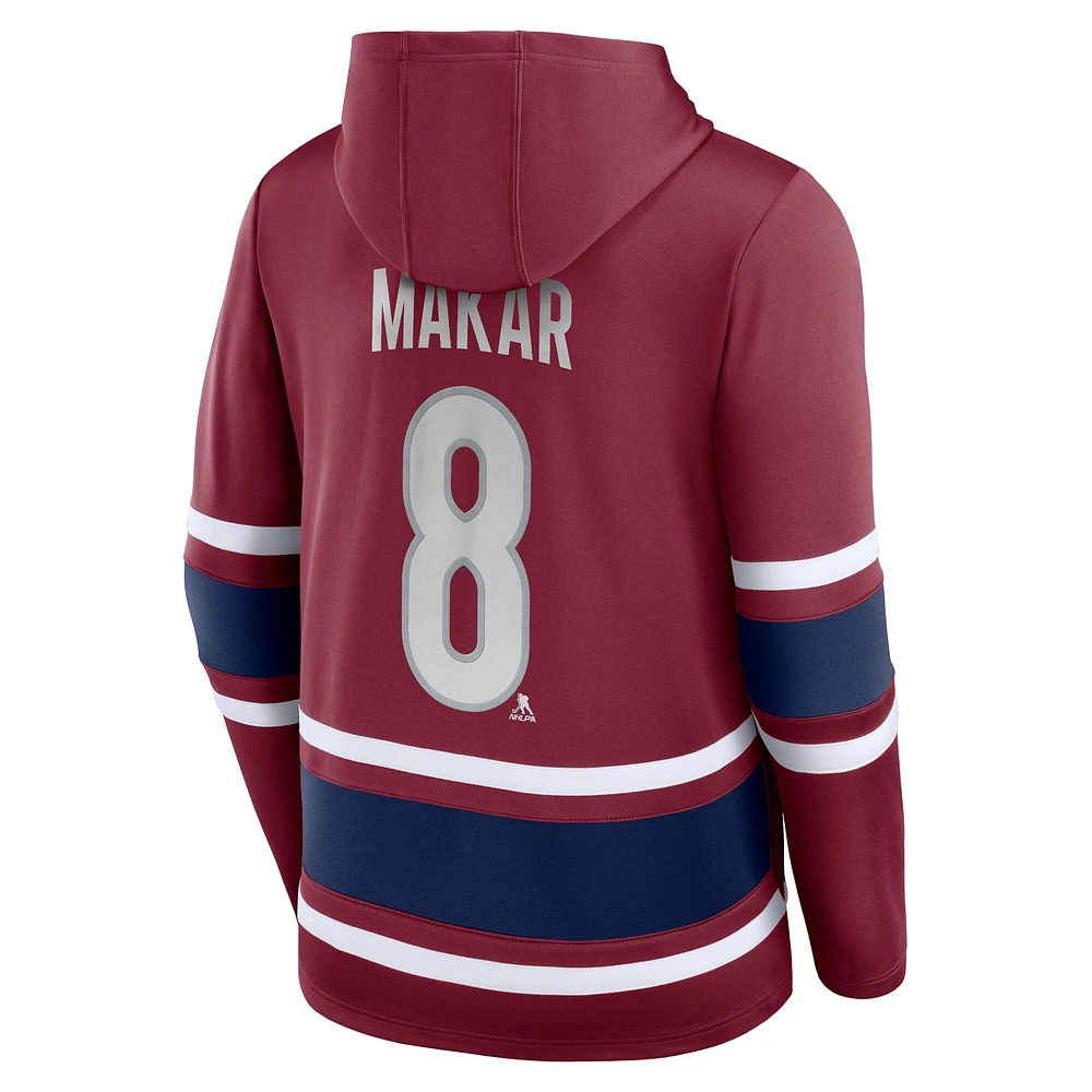 Men's Fanatics Cale Makar Burgundy Colorado Avalanche Name & Number Lace-Up Pullover Hoodie