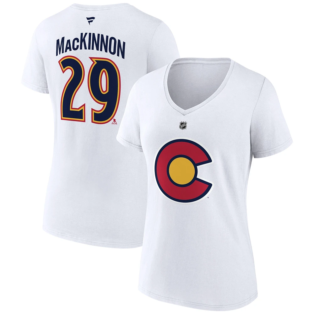 T-shirt blanc à col en V avec nom et numéro Fanatics Nathan MacKinnon pour femmes, édition spéciale 2.0 de l'Avalanche du Colorado