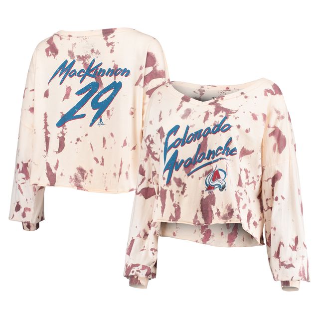 Majestic Threads pour femme Nathan MacKinnon T-shirt à col en V avec nom et numéro teint par nœuds Colorado Avalanche bordeaux/blanc