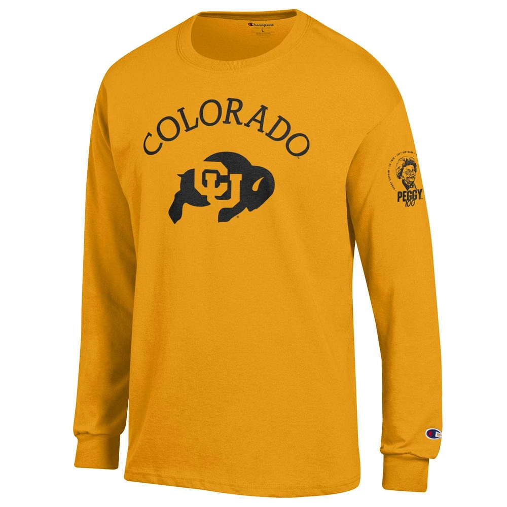 T-shirt à manches longues pour homme Champion Gold Colorado Buffaloes Miss Peggy 100e anniversaire
