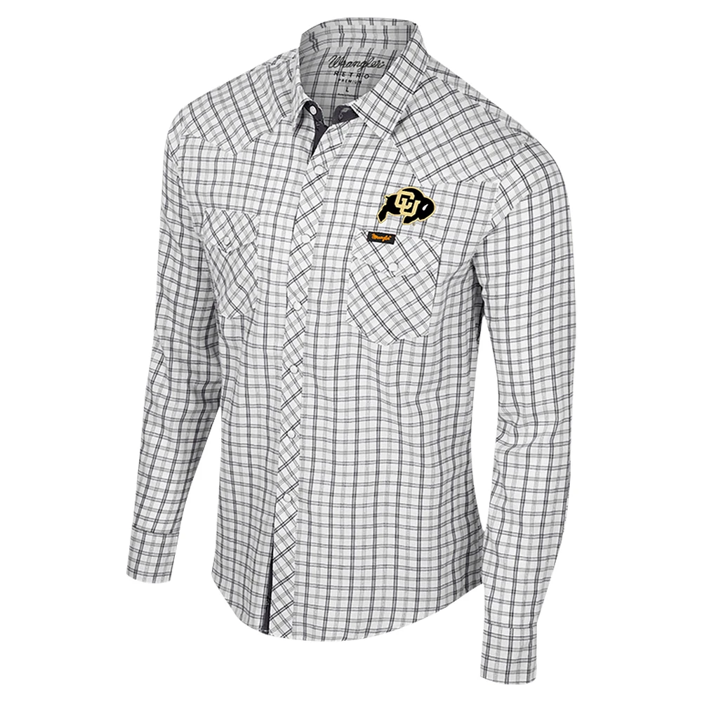 Men's Colosseum x Wrangler White Colorado Buffaloes Plaid Window Pane Long Sleeve Full-Snap Shirt