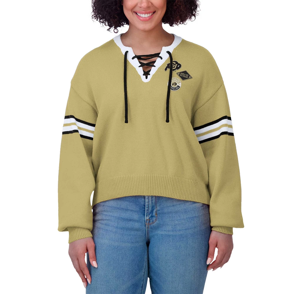 Women's WEAR by Erin Andrews Gold Colorado Buffaloes Lace-Up Pullover Sweater
