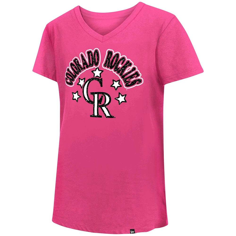 Girls Youth New Era Pink Colorado Rockies Jersey Stars V-Neck T-Shirt
