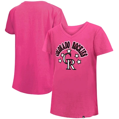 Girls Youth New Era Pink Colorado Rockies Jersey Stars V-Neck T-Shirt