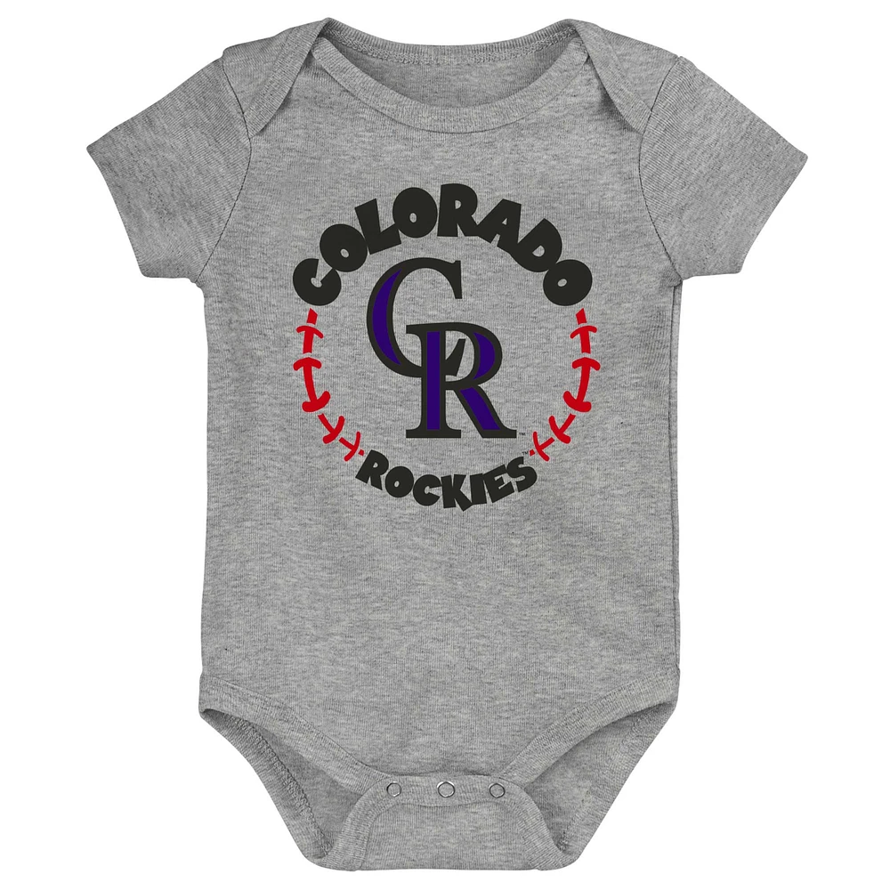 Infant Purple/White/Heather Gray Colorado Rockies Biggest Little Fan 3-Pack Bodysuit Set