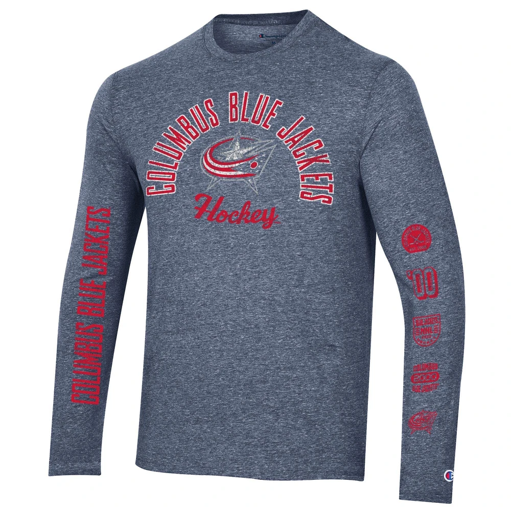 Champion Heather Navy Columbus Blue Jackets T-shirt à manches longues tri-mélange multi-logos